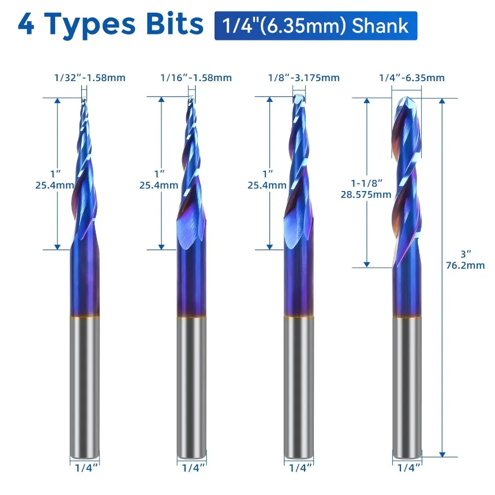 LUNYEE 4PCS Tapered Ball Nose Set Spiral Router Bits 1/4" Shank