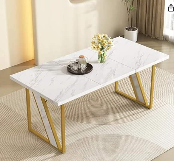 Masa dining moderna, aspect de marmura 160x80 cm cadru metalic