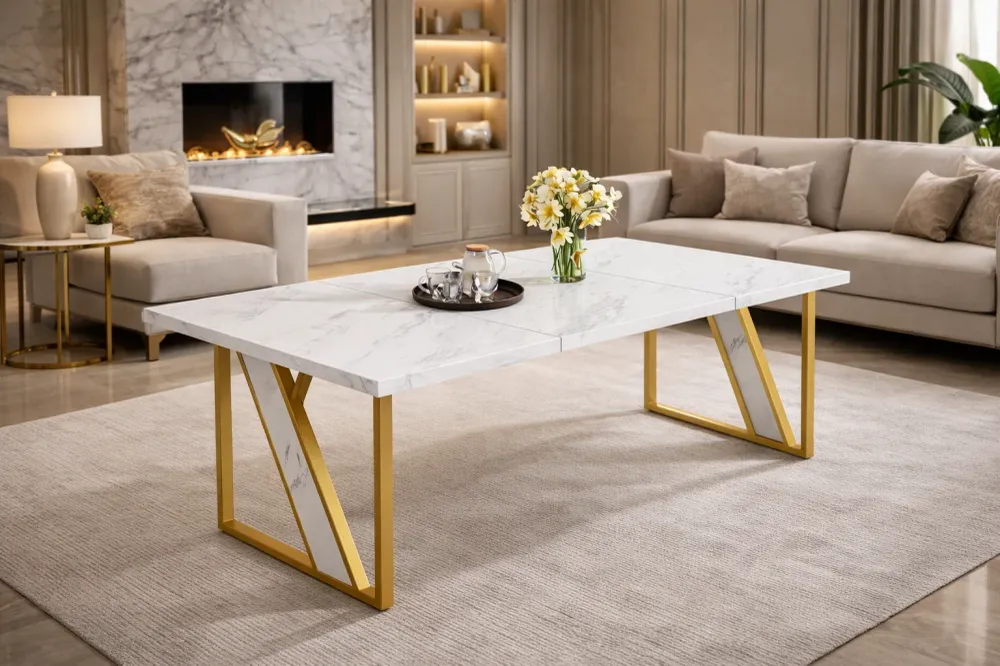Masa dining moderna, aspect de marmura 160x80 cm cadru metalic