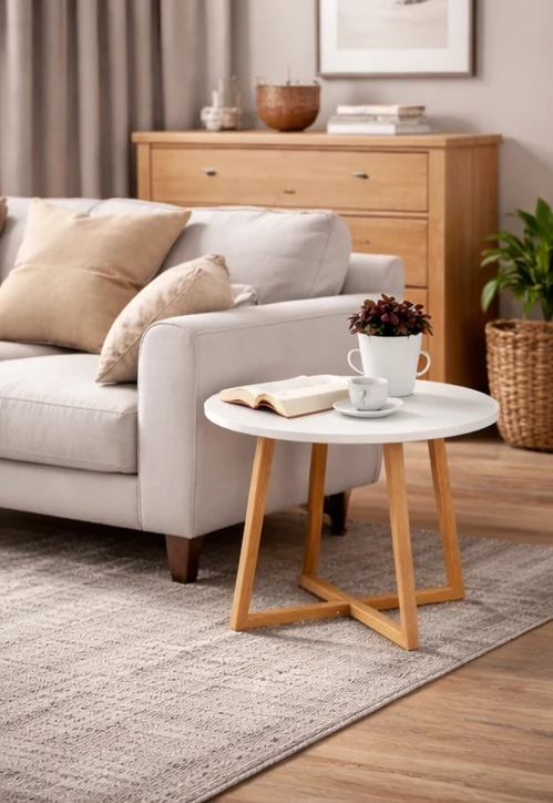Masa laterala rotunda, design minimalist, alb cu maro , pentru living si dormitor