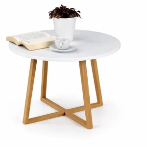 Masa laterala rotunda, design minimalist, alb cu maro , pentru living si dormitor