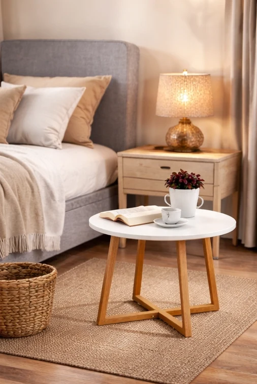Masa laterala rotunda, design minimalist, alb cu maro , pentru living si dormitor