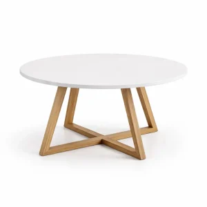 Masa rotunda moderna, structura solida, alb si lemn
