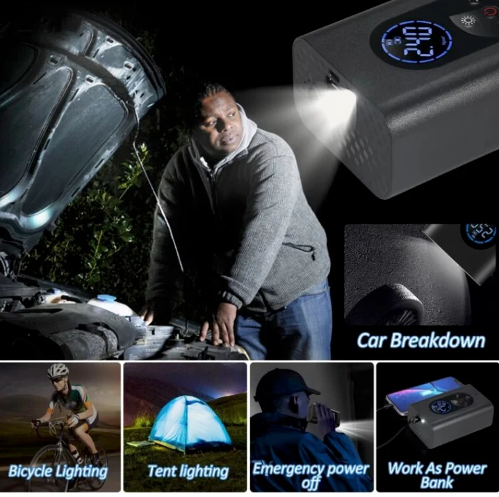 Mini compresor compact, portabil cu acumulator reincarcabil, LED, accesorii