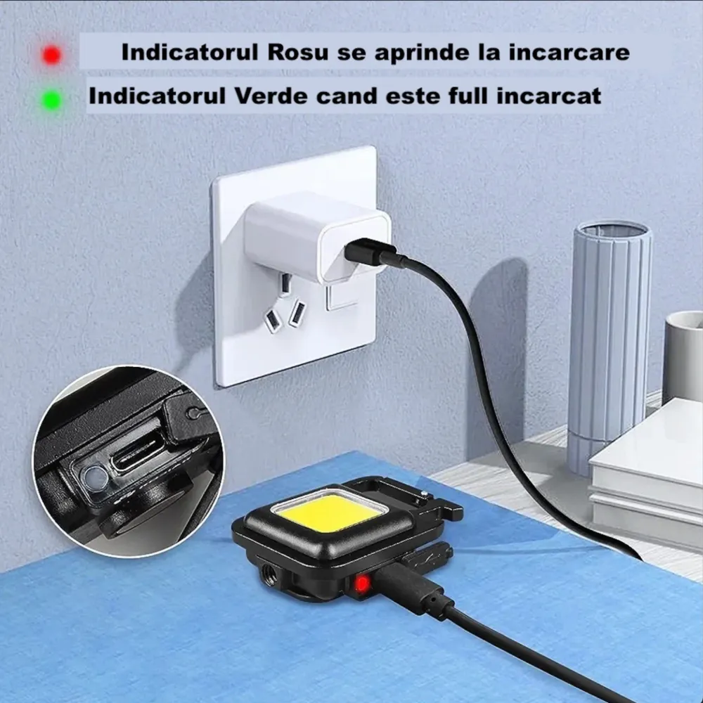 Mini Lanterna LED COB Breloc 500lm USB-C Carabina IPX5 Waterproof
