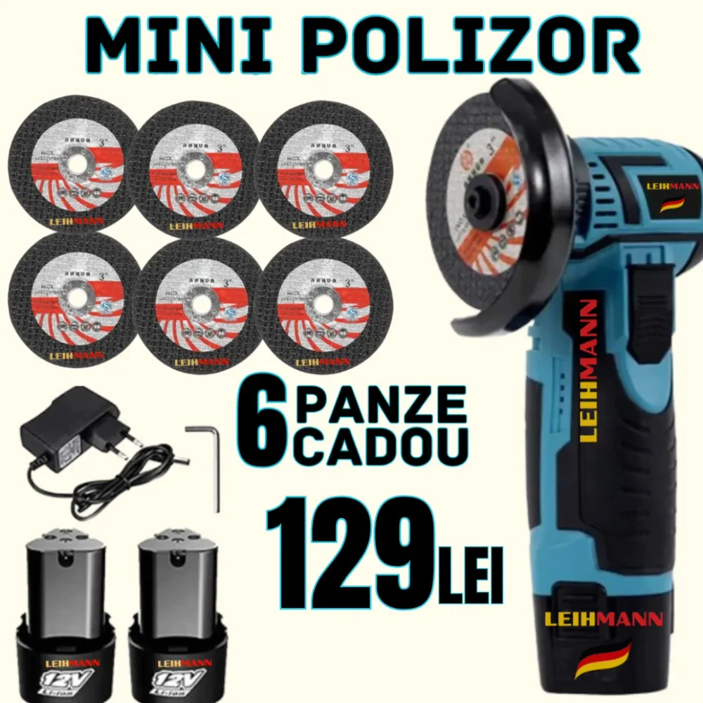 Mini polizor portabil GrinderPro 2 x Acumulatori + 6 Panze Cadou