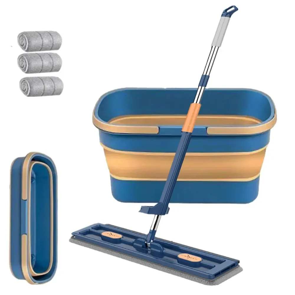 Mop plat cu stoarcere, galeata pliabila cadou + 3 rezerve CADOU!