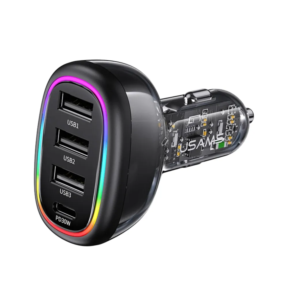 Încărcător auto rapid USAMS USB-C PD 30W + USB- 18W, putere 48W, cu iluminare LED multicoloră, design transparent