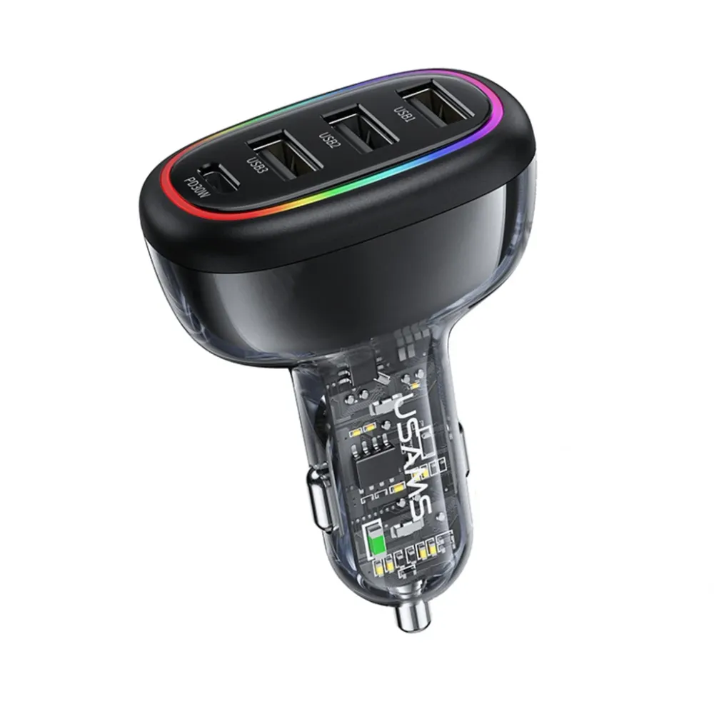 Încărcător auto rapid USAMS USB-C PD 30W + USB- 18W, putere 48W, cu iluminare LED multicoloră, design transparent