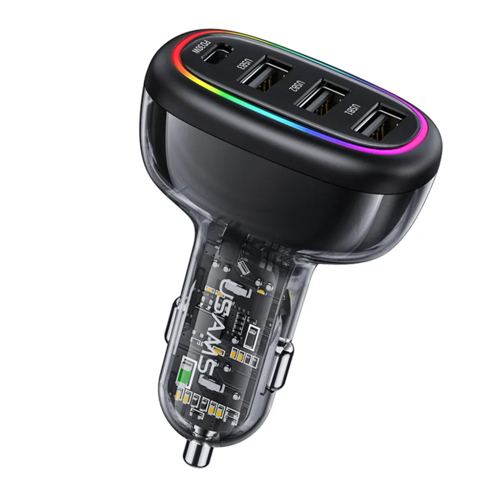 Încărcător auto rapid USAMS USB-C PD 30W + USB- 18W, putere 48W, cu iluminare LED multicoloră, design transparent