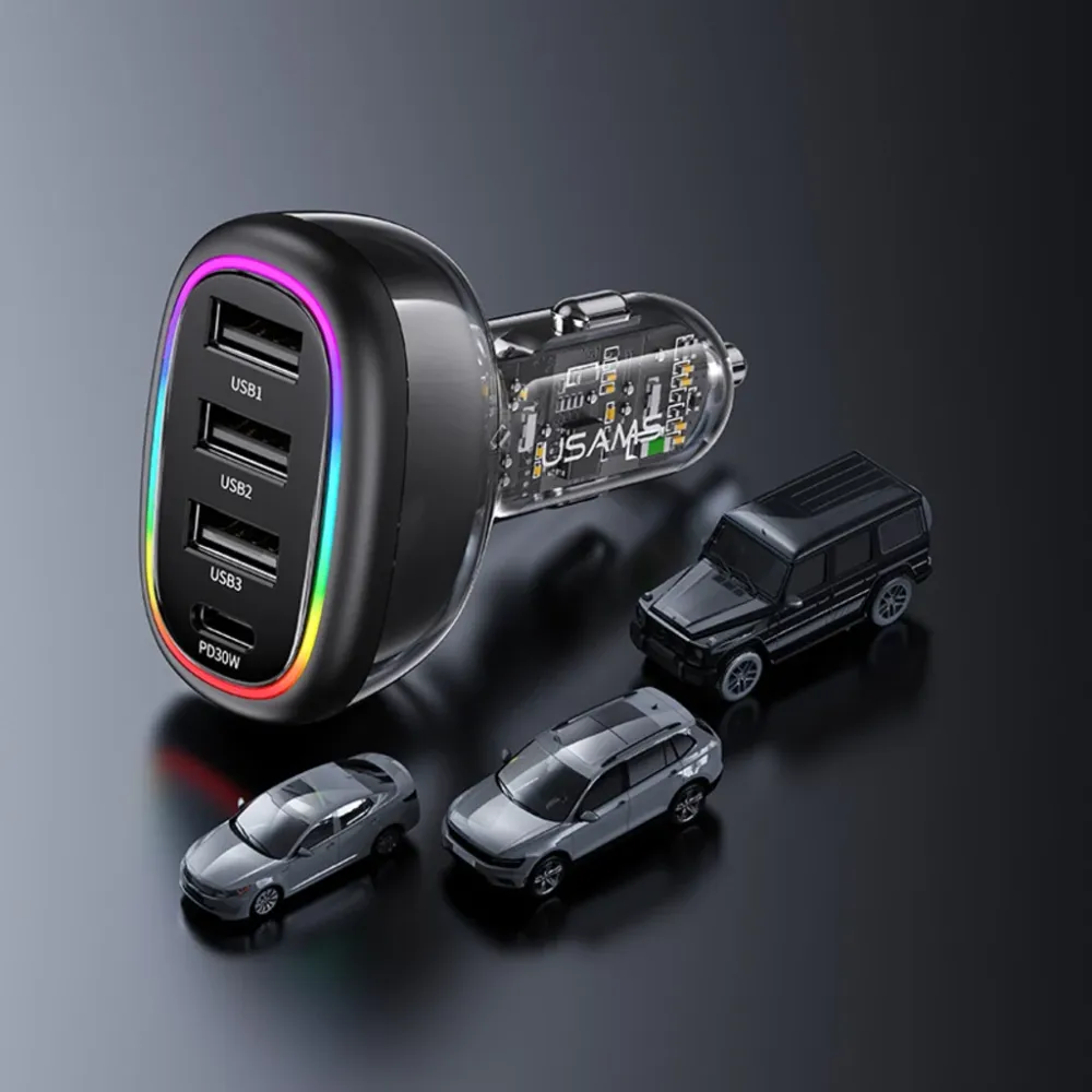 Încărcător auto rapid USAMS USB-C PD 30W + USB- 18W, putere 48W, cu iluminare LED multicoloră, design transparent
