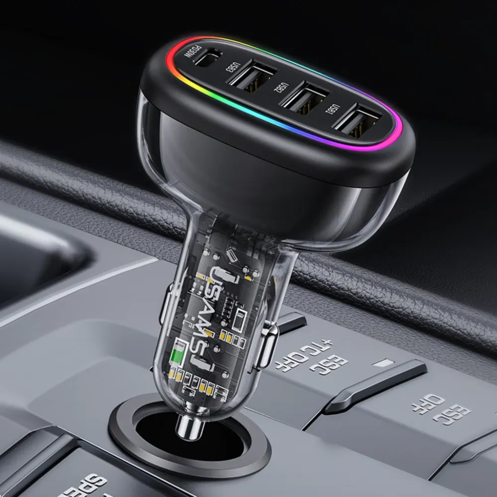Încărcător auto rapid USAMS USB-C PD 30W + USB- 18W, putere 48W, cu iluminare LED multicoloră, design transparent