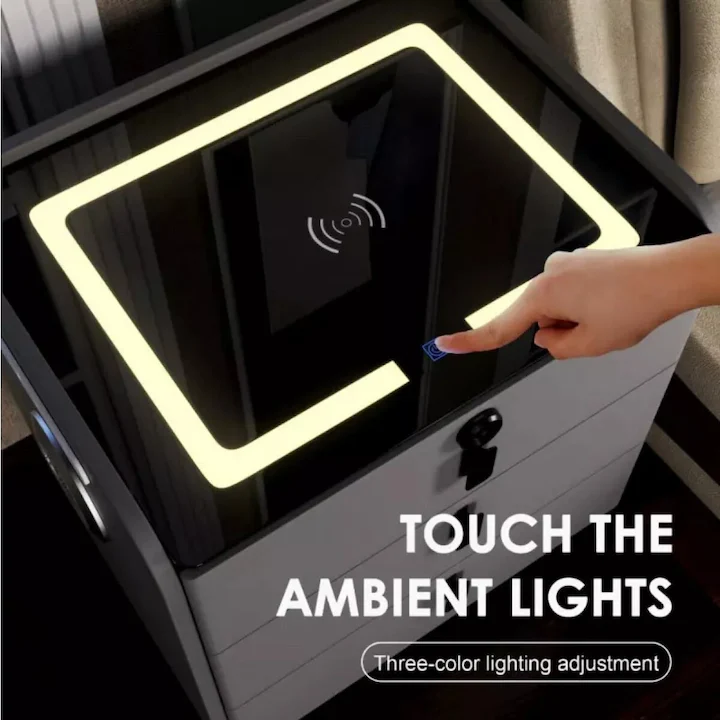 Noptiera gri antracit cu iluminare led, 3 sertare, boxa si incarcare wireless M5