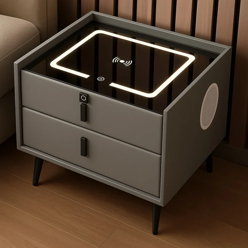Noptiera cu 2 sertare, blocare sertar cu amprenta, LED , USB, incarcator wireless M1