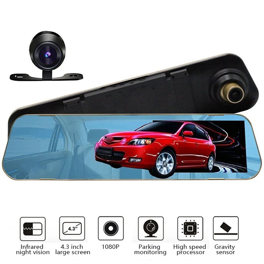 Oglinda retrovizoare auto cu ecran LCD de 4,3 inchi, recorder si doua camere