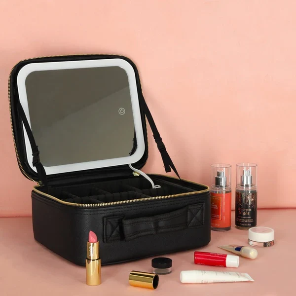 Portfard organizator , cu oglinda LED, multiple compartimente, negru, 27x24x10cm