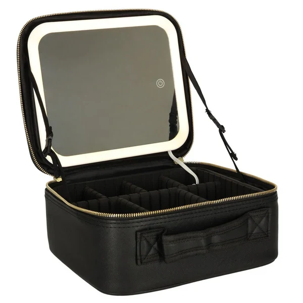 Portfard organizator , cu oglinda LED, multiple compartimente, negru, 27x24x10cm