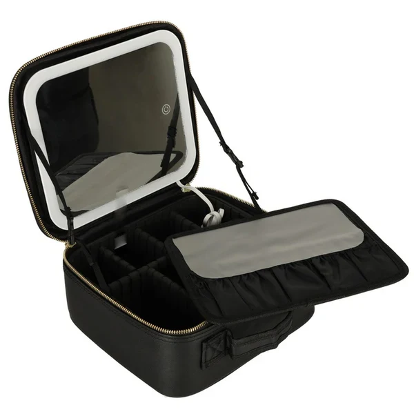 Portfard organizator , cu oglinda LED, multiple compartimente, negru, 27x24x10cm