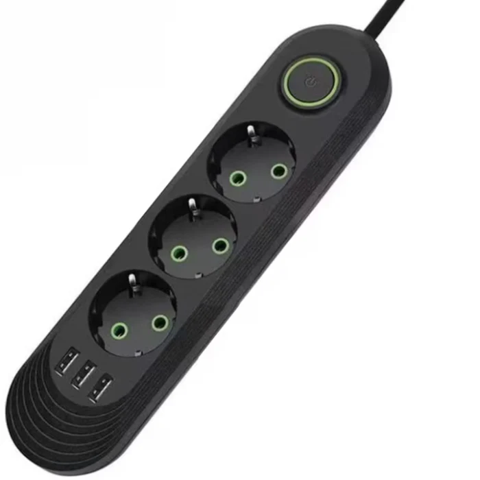 Priză Multiplă 3 Prize + 3 Porturi USB • Cablu 2 m • Negru