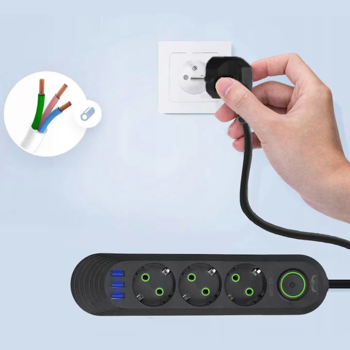 Priză Multiplă 3 Prize + 3 Porturi USB • Cablu 2 m • Negru