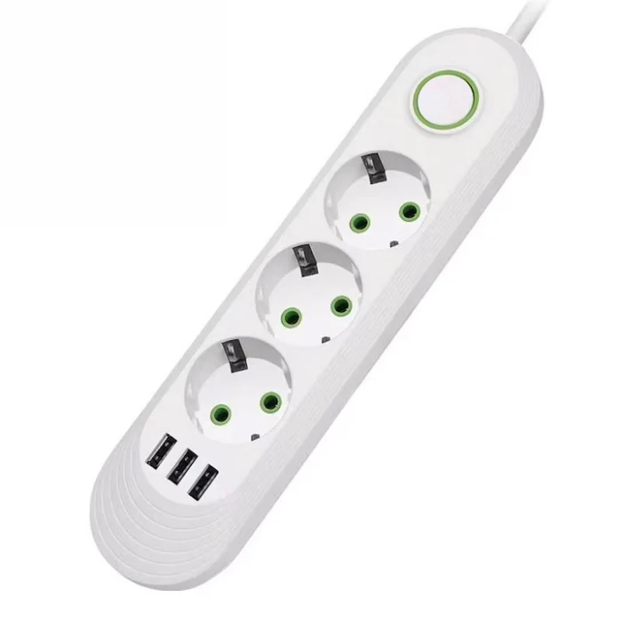 Priză Multiplă 3 Prize + 3 Porturi USB • Cablu 2 m • Negru