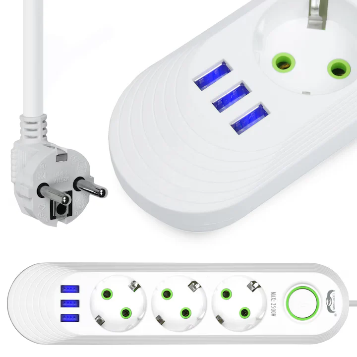 Priză Multiplă 3 Prize + 3 Porturi USB • Cablu 2 m • Negru