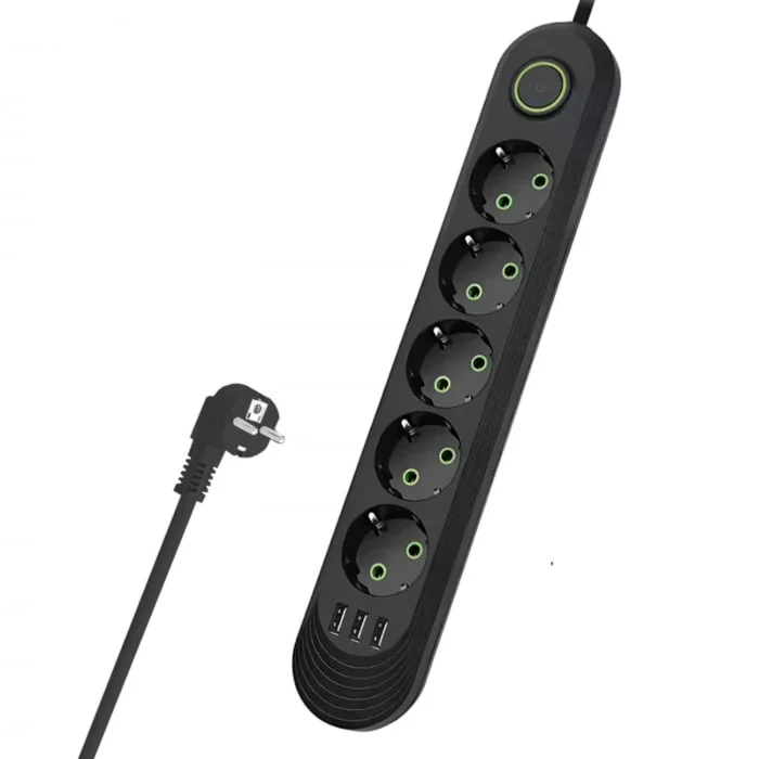 Priză Multiplă 5 Prize + 3 Porturi USB • Cablu 5 m • Negru