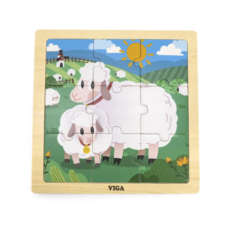 Puzzle din 9 piese mari Mama si puiul Oaie, Viga