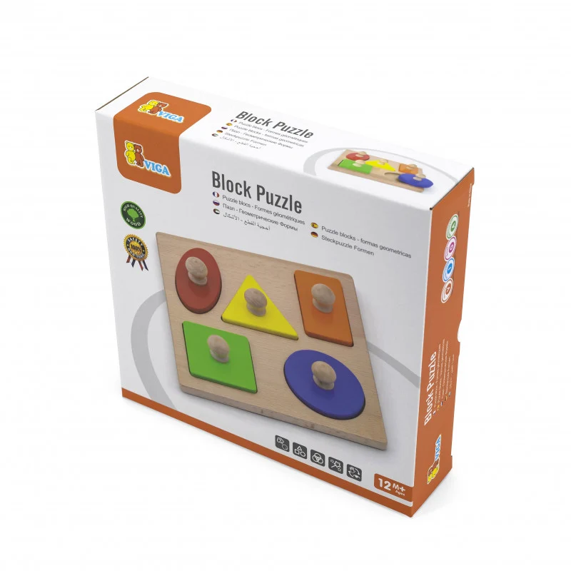 Puzzle Montessori cu maner, Forme geometrice, Viga