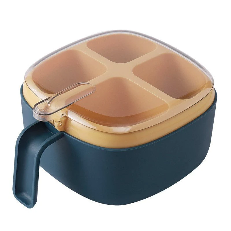 Recipient pentru condimente cu capac, 4 compartimente, 4 lingurite, 14x14x8cm, Albastru