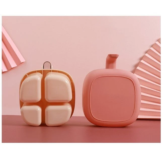 Recipient pentru condimente cu capac, 4 compartimente, 4 lingurite, 14x14x8cm, Roz