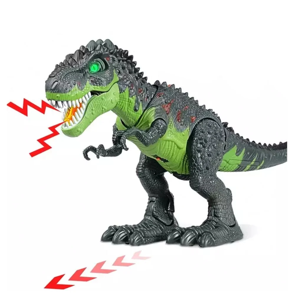 Un robot dinozaur care suflă foc