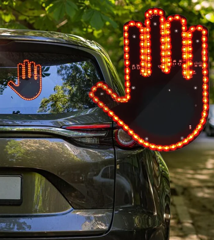Semn LED Auto cu Telecomanda, Design Mana, 4 Moduri, Efect Vizual Stralucitor, Negru/Galben, Set 2 bucati