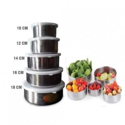 Set de 5 caserole alimentare, metalice, cu capac transparent, marimi diferite