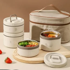 Set 4 caserole din inox pentru calatorie cu geanta