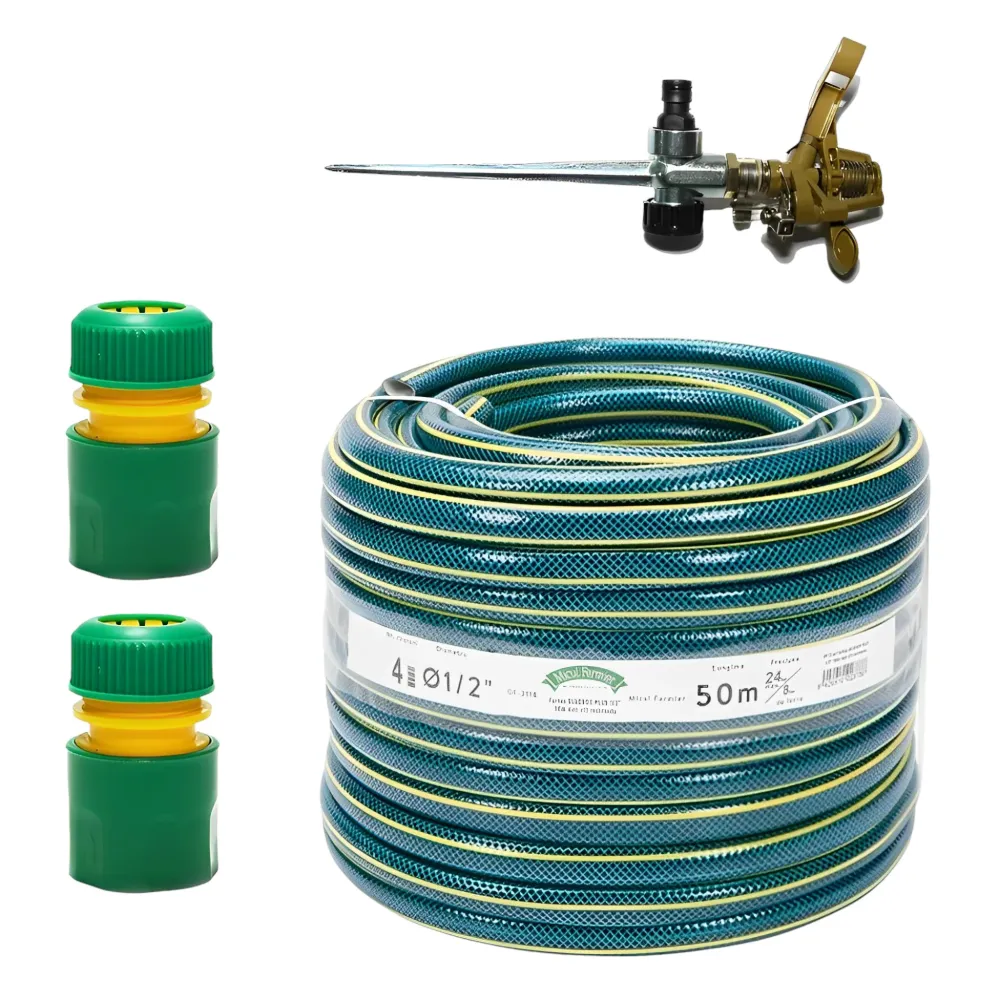 Set Complet pentru Irigatii de Gradina - Aspersor Metalic, Furtun Rezistent si 2x Mufa Rapida