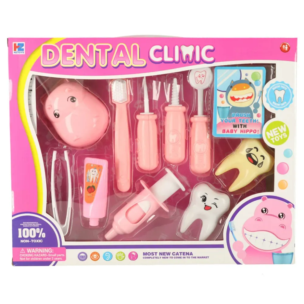 Set dentist pentru copii cu hipopotam si accesorii educative, roz
