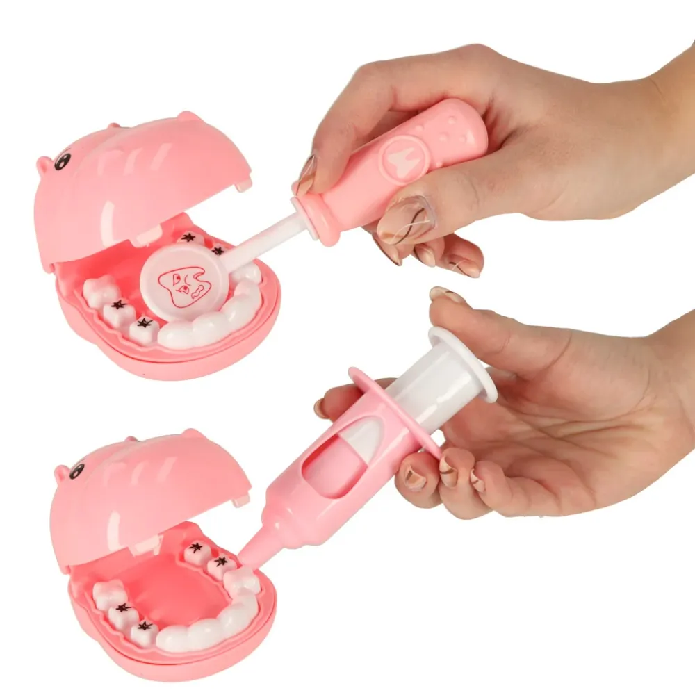 Set dentist pentru copii cu hipopotam si accesorii educative, roz