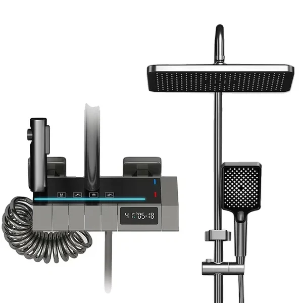 Set de dus cu robinet termostatic, display digital LED, 3 functii, inox, argintiu