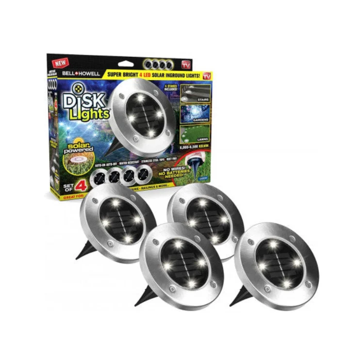 Set 4 mini lampi cu panou solar Disk Lights Metalice