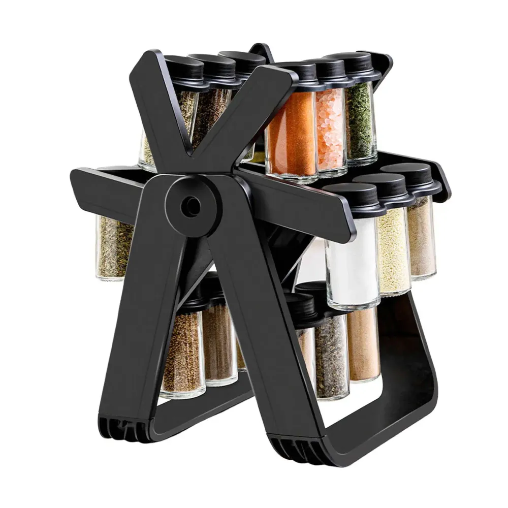 Set 18 recipiente condimente cu suport rotativ, 34x23 cm, pivotant 360°, negru