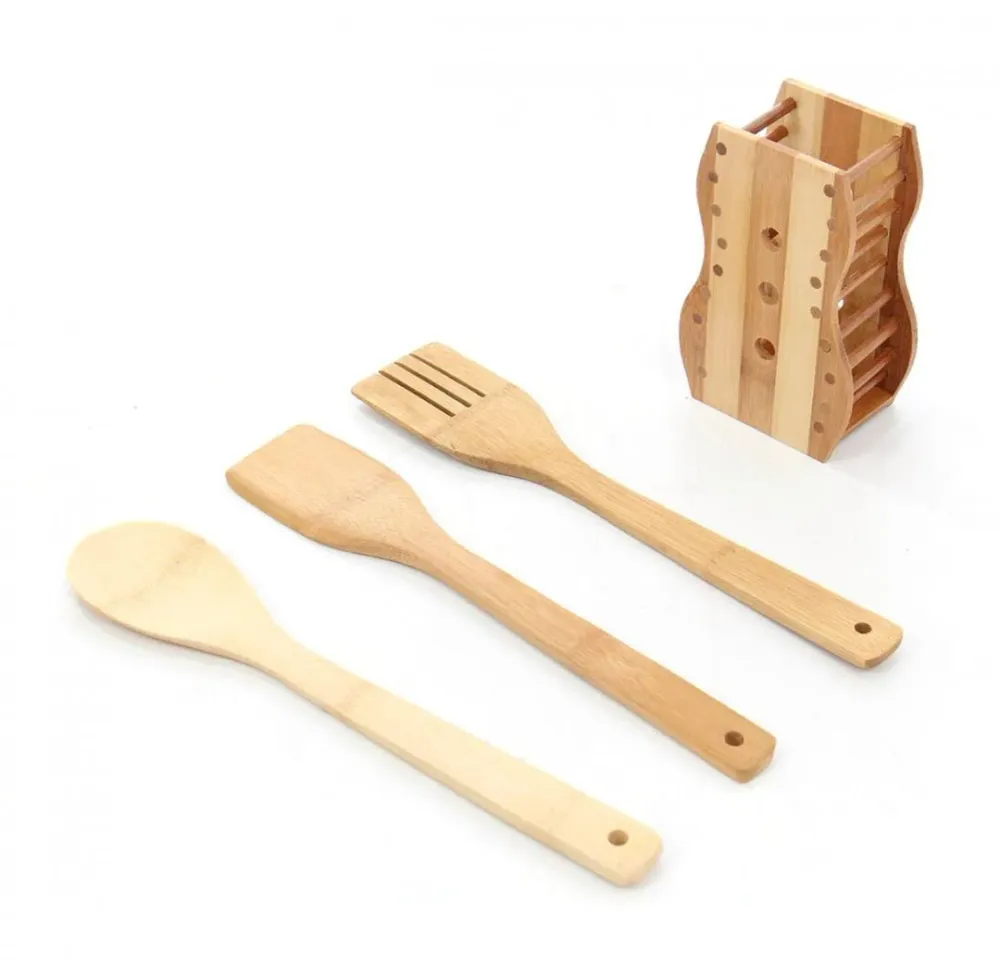Set 3 ustensile bambus cu suport decor