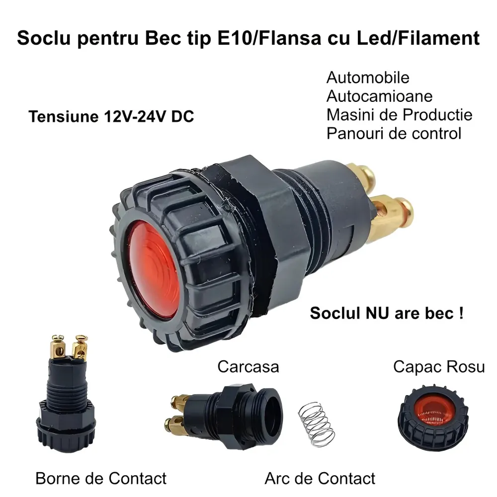 Suport indicator de tensiune pentru bec e10 cu led rosu 12v-24v