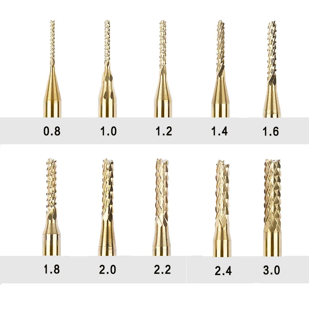 Titanium Coated Engraving Milling Cutter Carbide Bits, 0.8-3mm, 1/8'' Shank, 10 Pieces