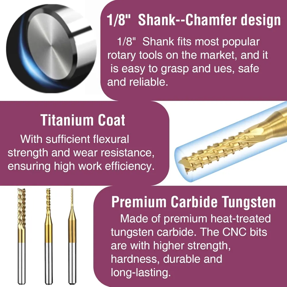 Titanium Coated Engraving Milling Cutter Carbide Bits, 0.8-3mm, 1/8'' Shank, 10 Pieces