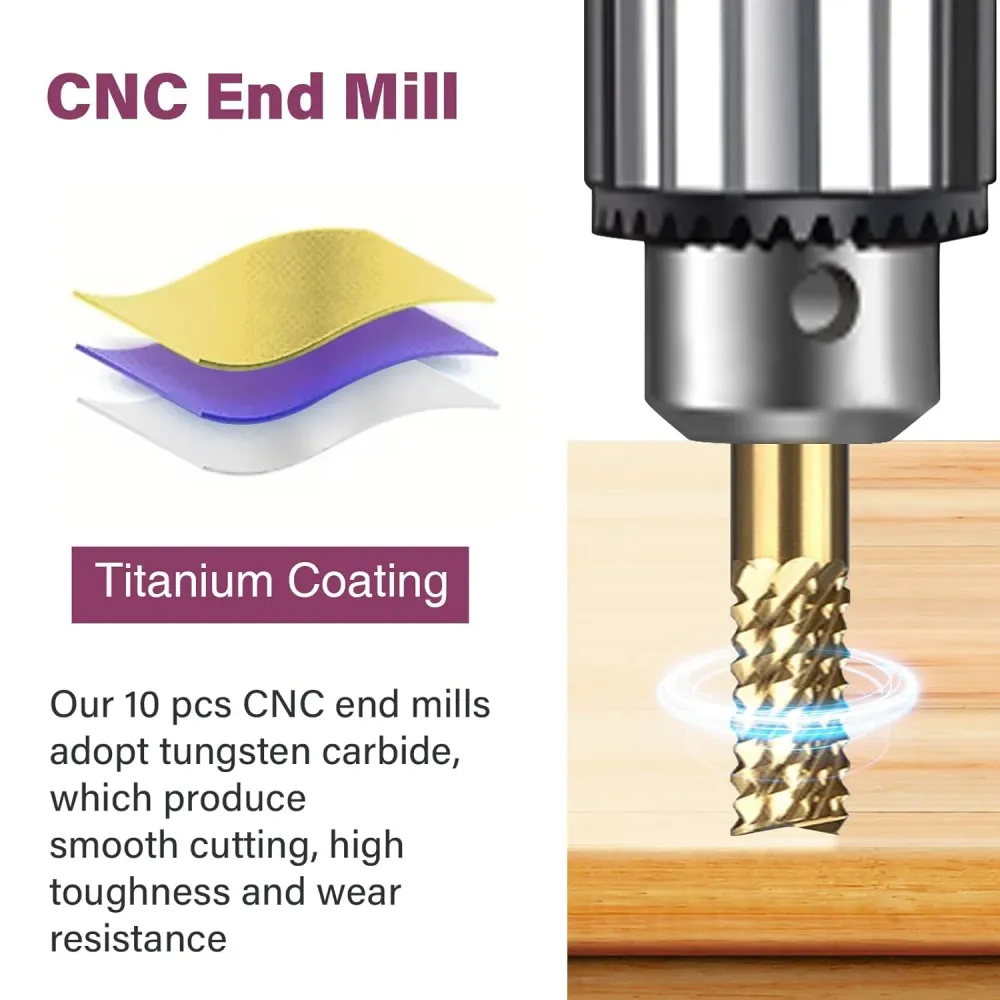 Titanium Coated Engraving Milling Cutter Carbide Bits, 0.8-3mm, 1/8'' Shank, 10 Pieces