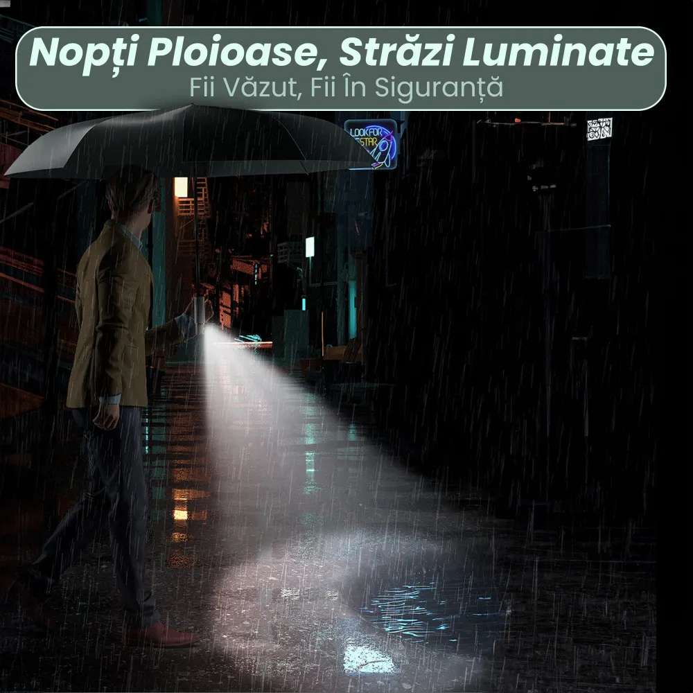 Umbrela pliabila Timebox, cu lanterna LED, Negru