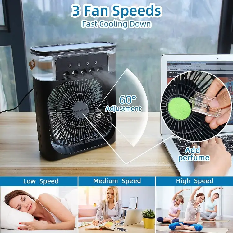 Ventilator Portabil cu Vapori de Apa, 3 Moduri Pulverizare, 600ml, Lumina LED